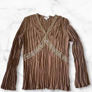 Claudia Richard Women Blouse Brown Size Medium Long Sleeves Embroidery Design